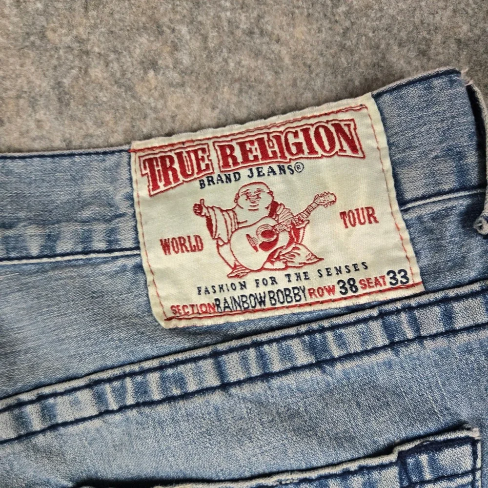 True Religion Jeans Mens 38 Blue Rainbow‎ Bobby Straight Leg Denim Thick Stitch